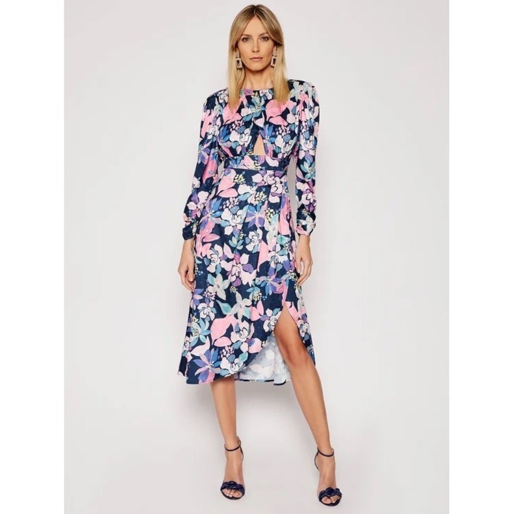 NWT For Love & Lemons Victoria Satin Floral Midi Dress Navy Pink Long Sleeve M